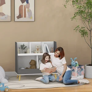 2 Tier Kids Bookcase Toy Shelf with 5 Compartments, Gray