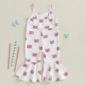 Girls Patriotic Print Sleeveless Flare Pants Jumpsuit