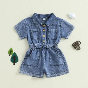 Girls Denim Overall Dress with Ruffle Sleeves and Adjustable Strap