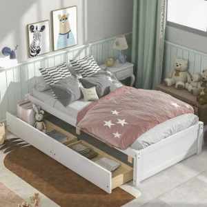 Twin Platform Bed Frame with Storage Drawers, Solid Wood