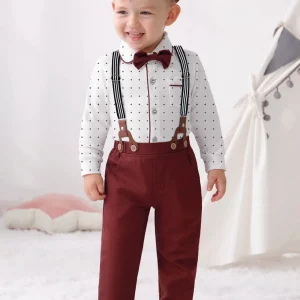 Baby Boy Clothes Gentleman's Suit with Dress Shirt/Suspender Pants/Bowtie/Beret